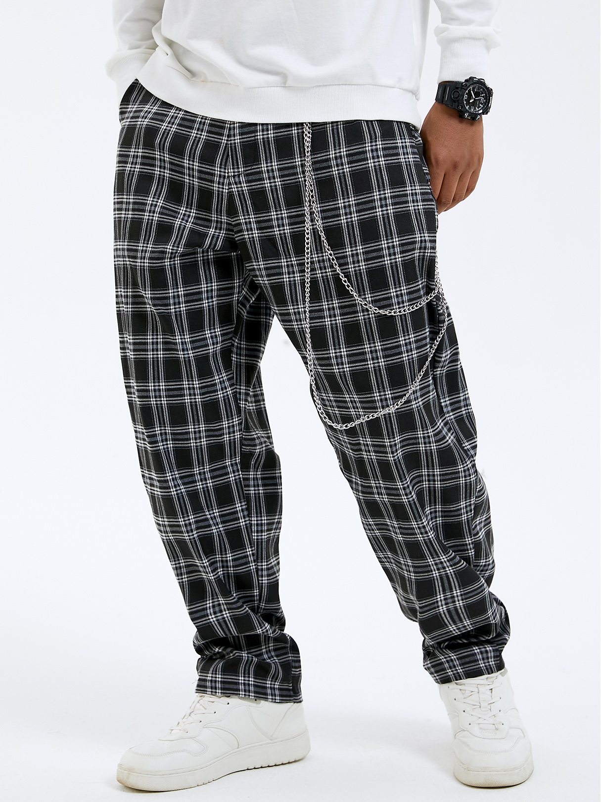 Men Fashion Plaid Print Zip Front Loose Straight Casual Pants With Waist Chain