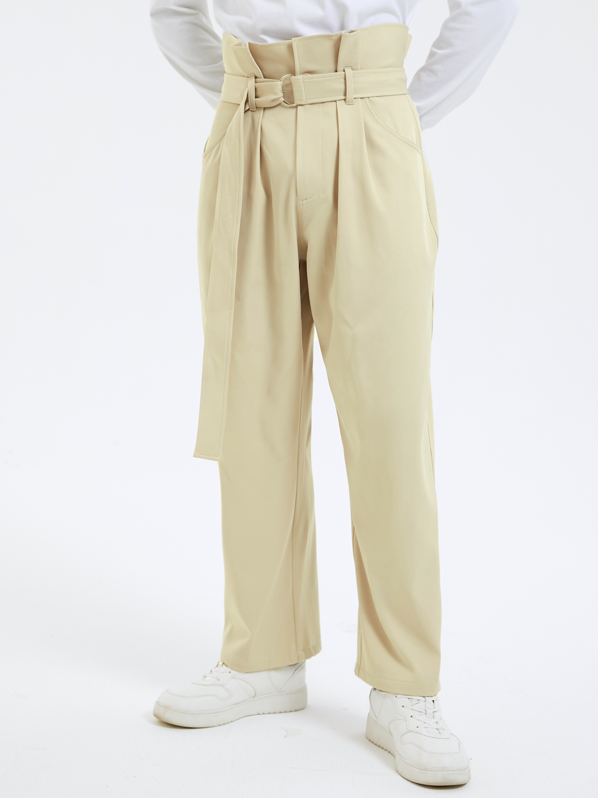 Men Fashion Belt Design Pleated Loose High Waist Casual Pants