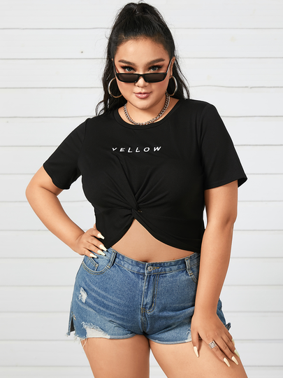 YOINS Plus Size Crew Neck Letter Twist Short Sleeves Tee