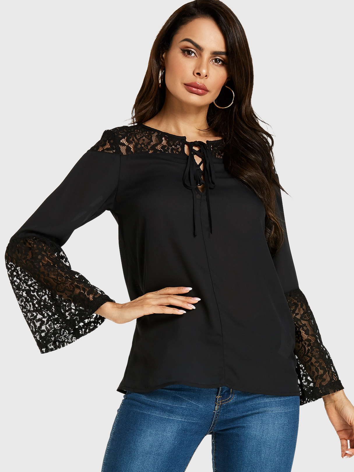 YOINS Black Lace Insert Round Neck Bell Sleeves Blouse