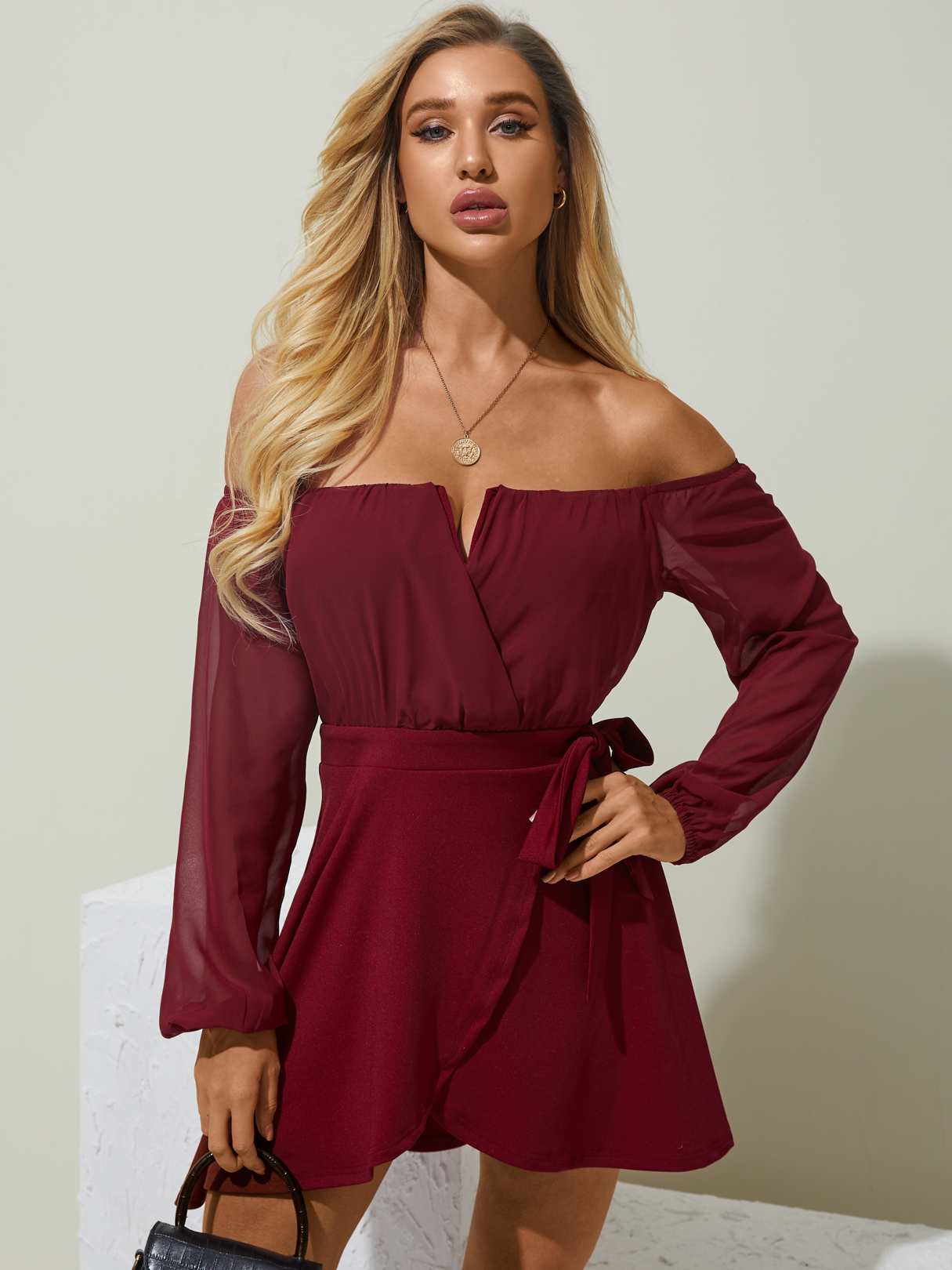 YOINS Wrap Belted Off The Shoulder Puff Sleeves Dress