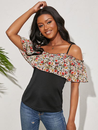 YOINS Black Floral Print Trim Off The Shoulder Short Sleeves Blouse
