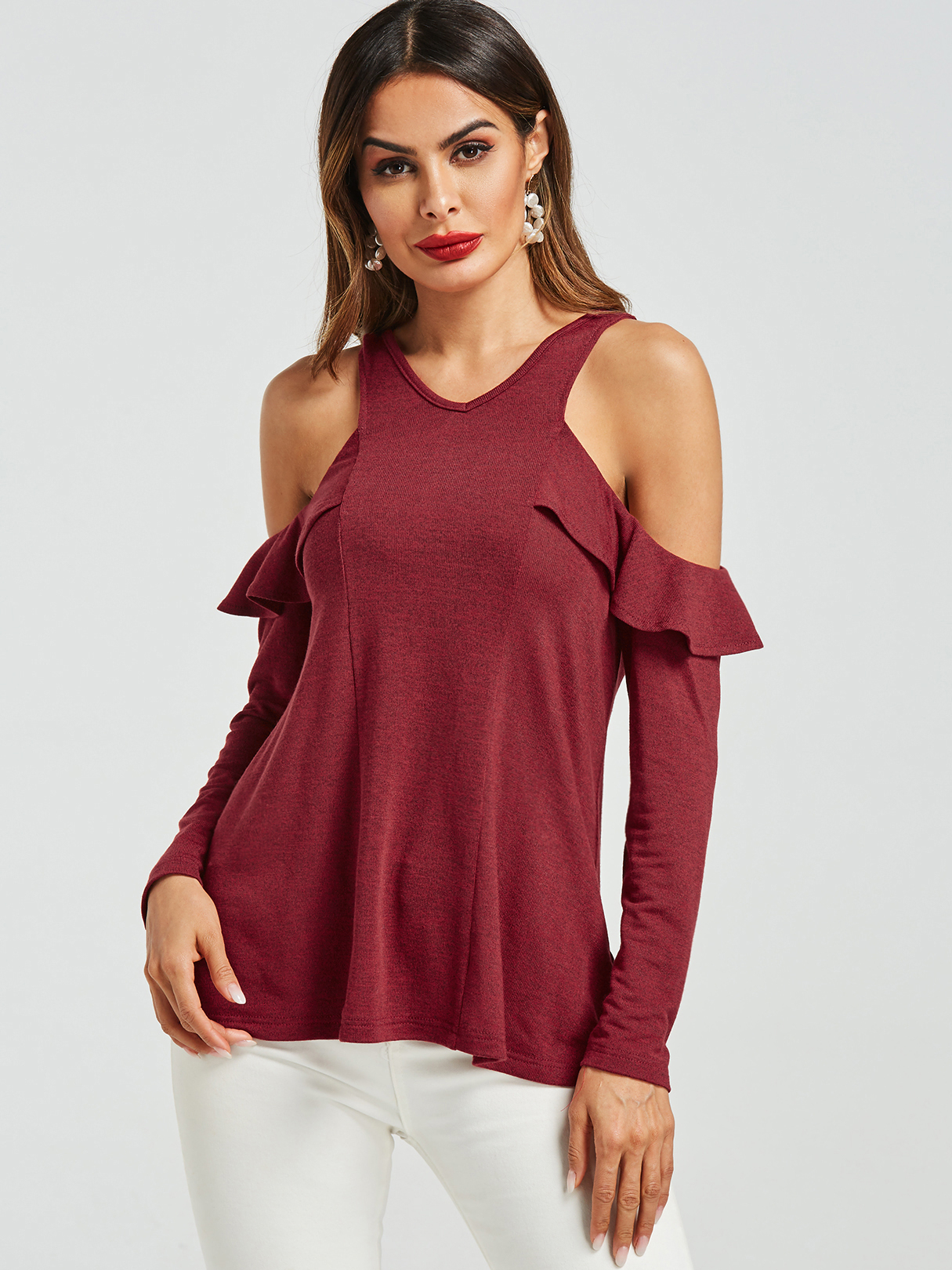 Burgundy Cold Shoulder Flouncy Top