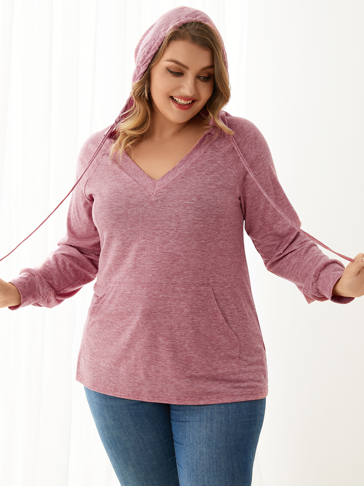 YOINS Plus Size V-neck Side Pockets Hooded Design Long Sleeves Sweatshirt