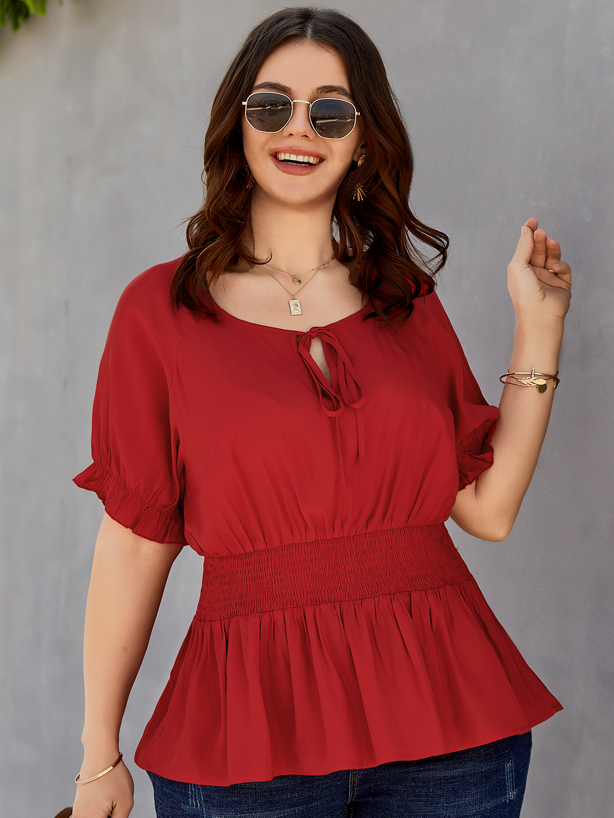 YOINS Plus Size Round Neck Shirring Half Sleeves Blouse
