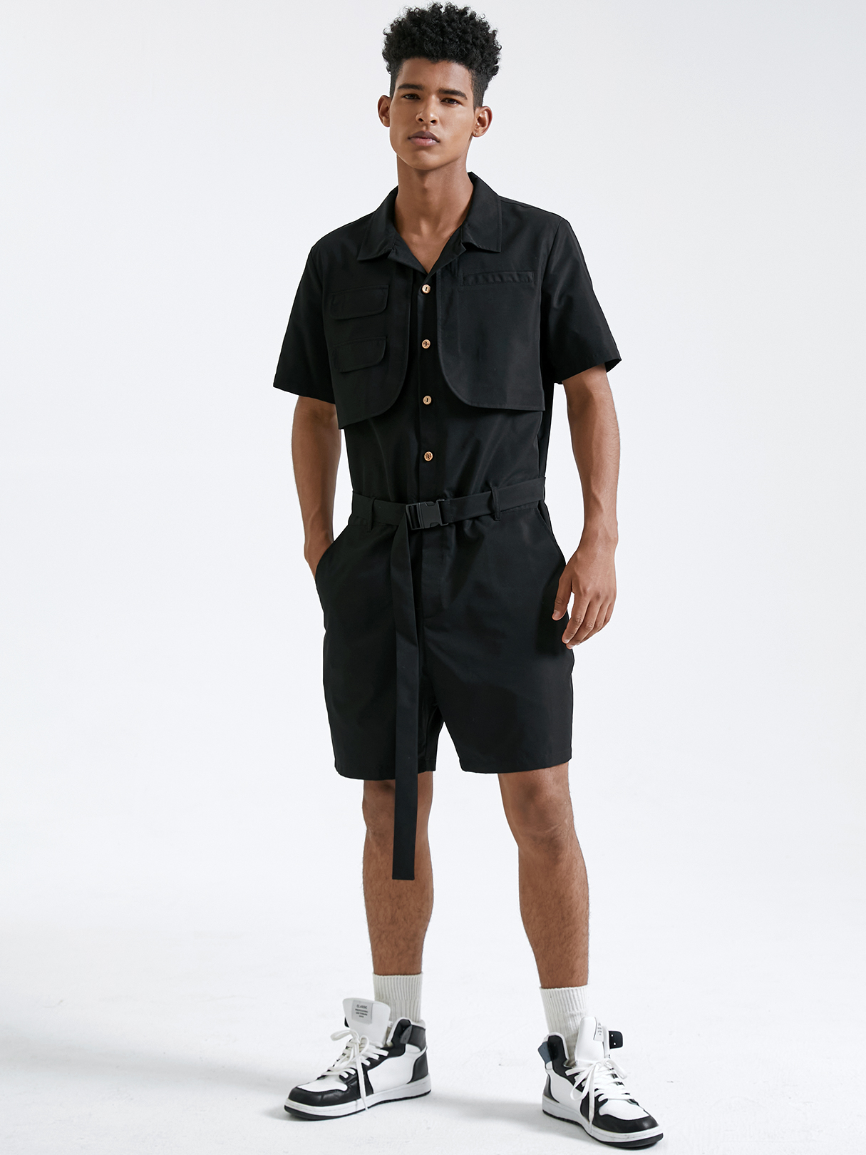 Men Summer Belt Design Short Sleeve One-pieces Overalls Jumpsuit