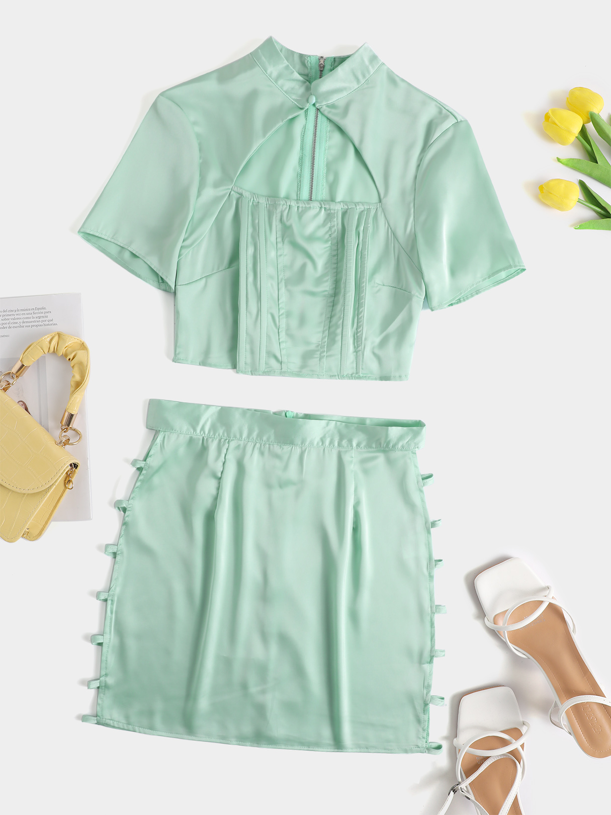 YOINS Stand Collar Cut Out Short sleeves Top & Mini Skirt Set