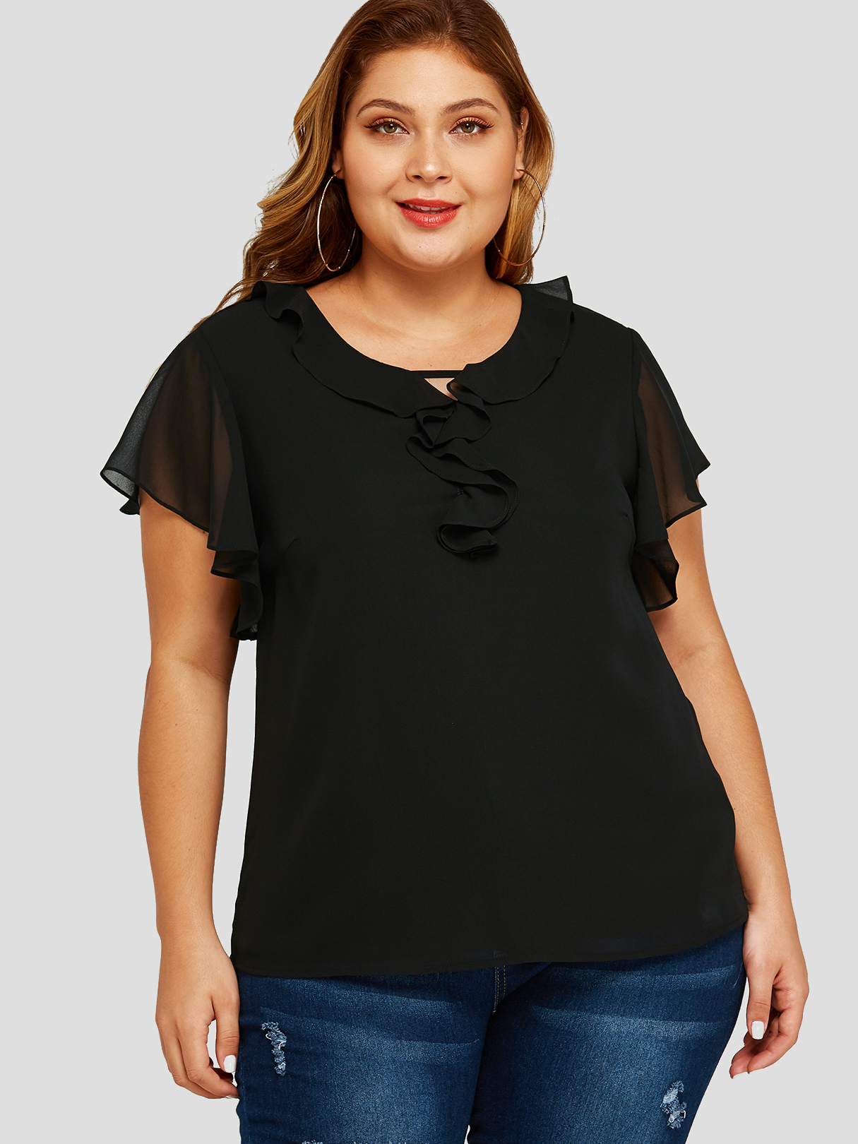 YOINS Plus Size Black Ruffle Trim Blouse