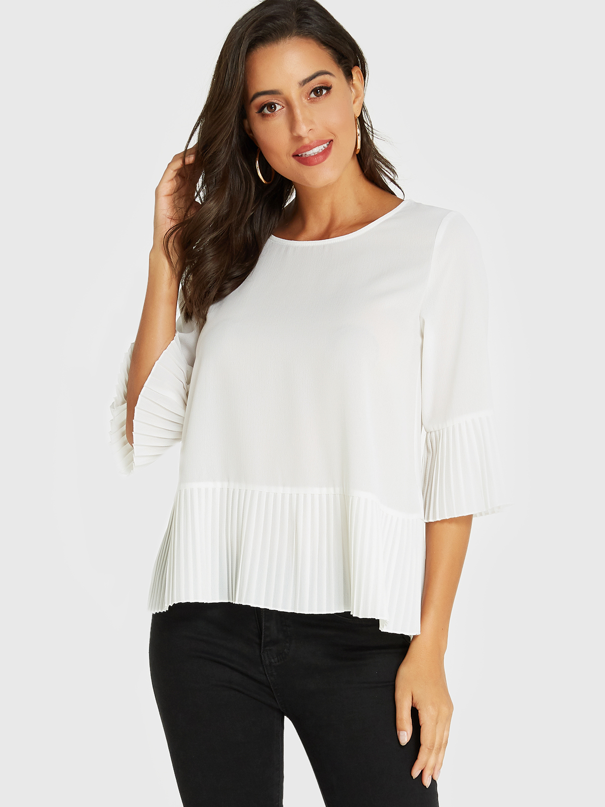YOINS BASICS White Pleated Round Neck Half Sleeves Blouse