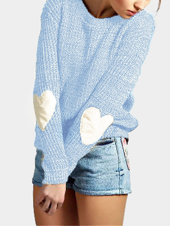 Sky Blue Round Neck Love Patchwork Sweater