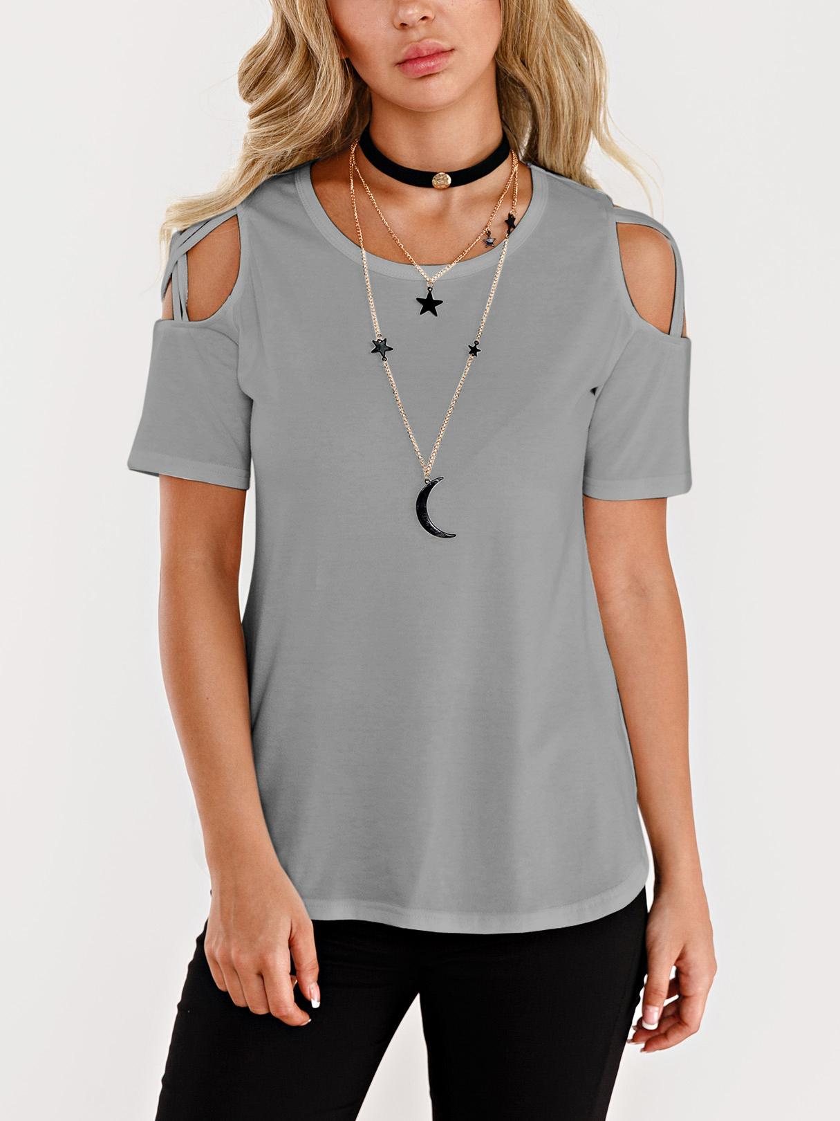 Grey Cold Shoulder Short Sleeves T-shirts