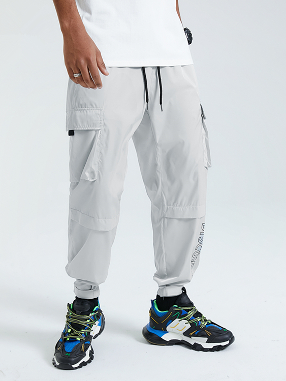 KOYYE Men Letter Print Multi-pocket Elastic Waist Cargo Pants