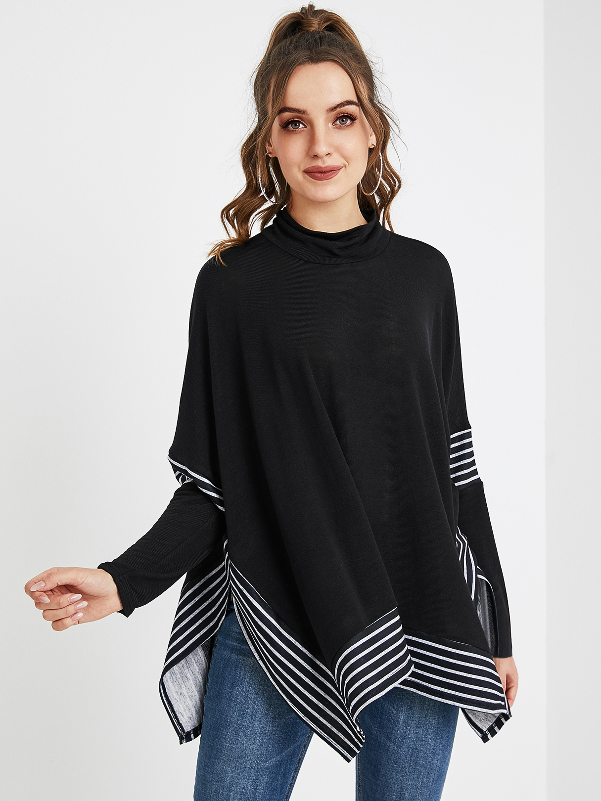 YOINS Black Slit Design Patchwork Crew Neck Long Sleeves Tee