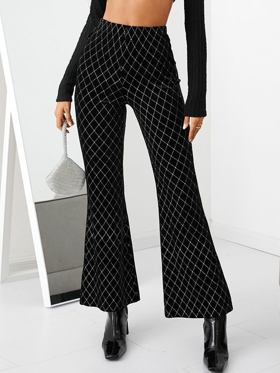 YOINS Black Velvet Geometric Flared Pants