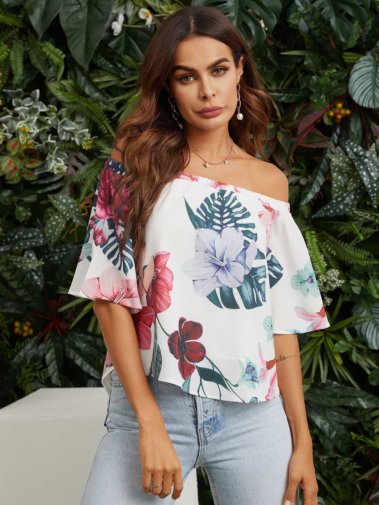 Sexy Random Floral Print Off Shoulder Blouse