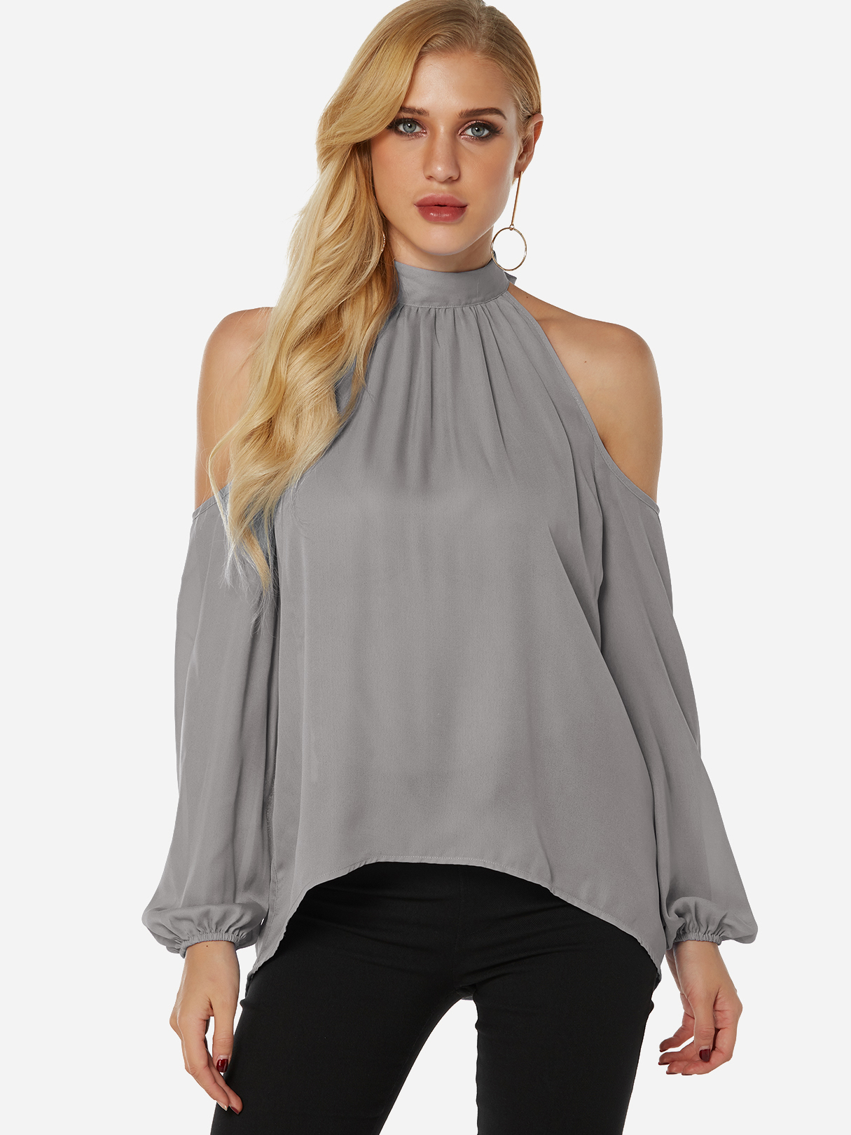 Grey Lace-up Design Halter Long Lantern Sleeves Top