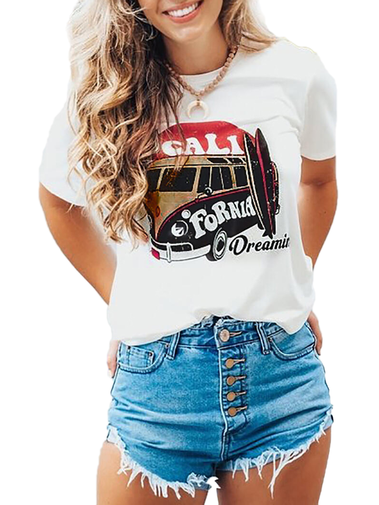 White Graphic Print Round Neck Tee