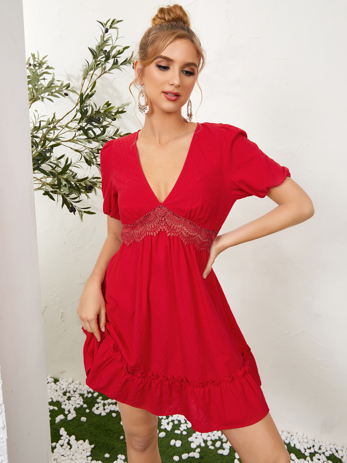 YOINS Red Deep V Neck Backless Tie up Design Lace Mini Dress