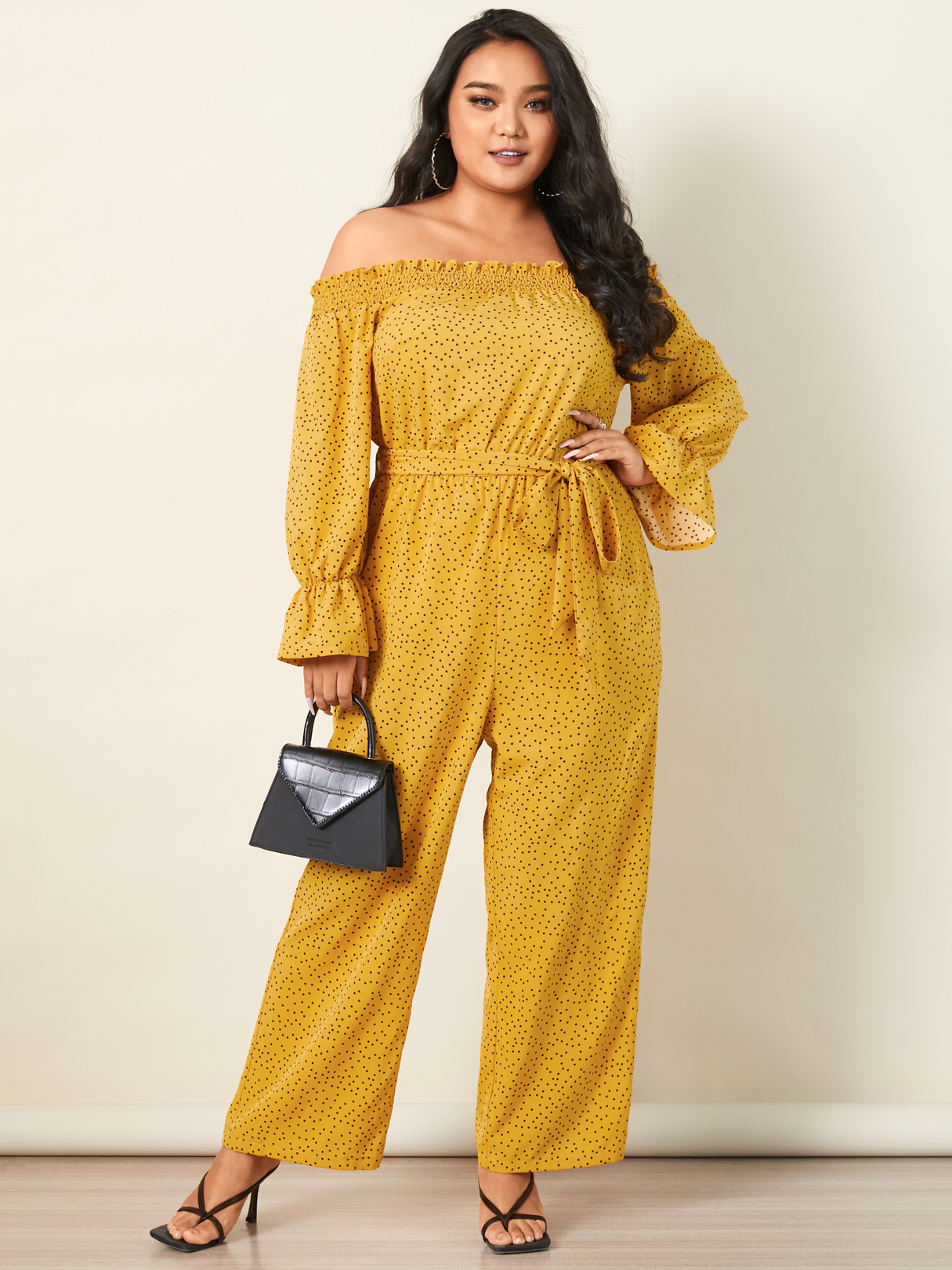 YOINS Plus Size Off The Shoulder Polka Dot Belt Design Long Sleeves Jumpsuit