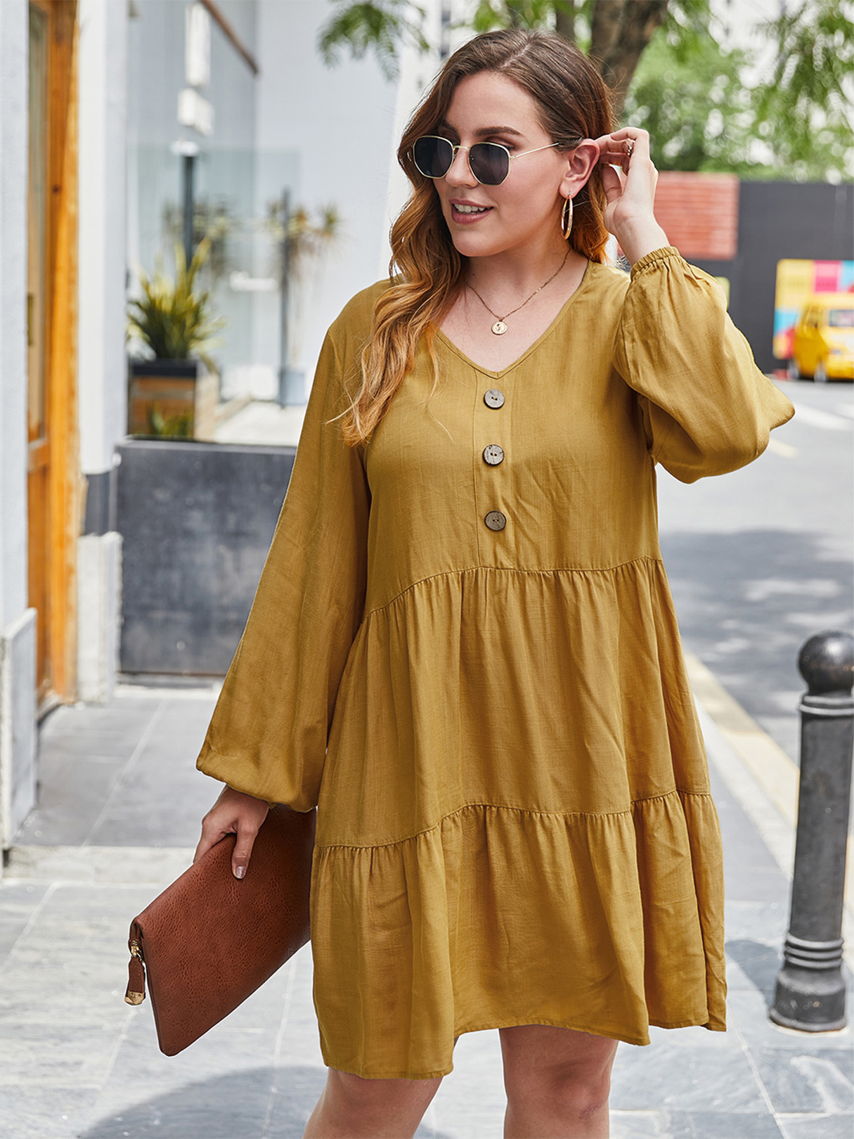 Plus Size V-neck Elastic Strap Pleated Button Design Long Sleeves Mini Dress
