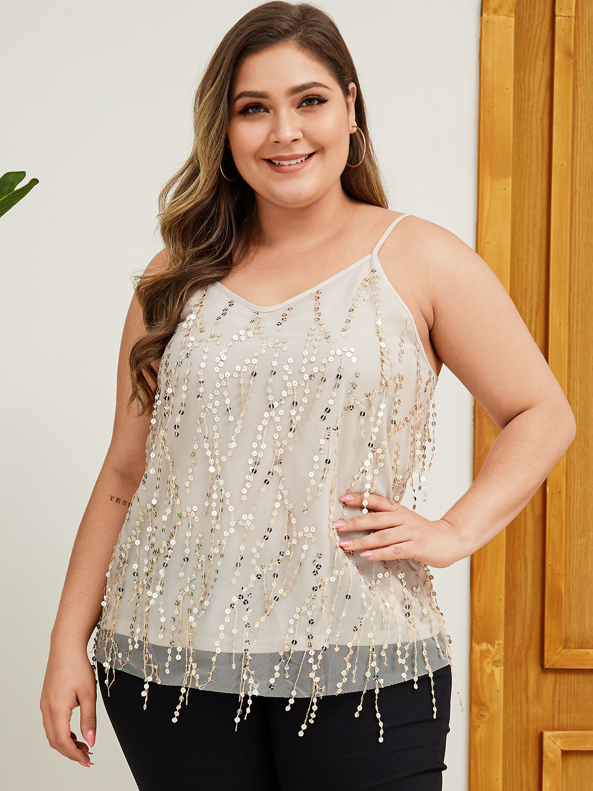 YOINS Plus Size Beige Sequins embellished Mesh Cami