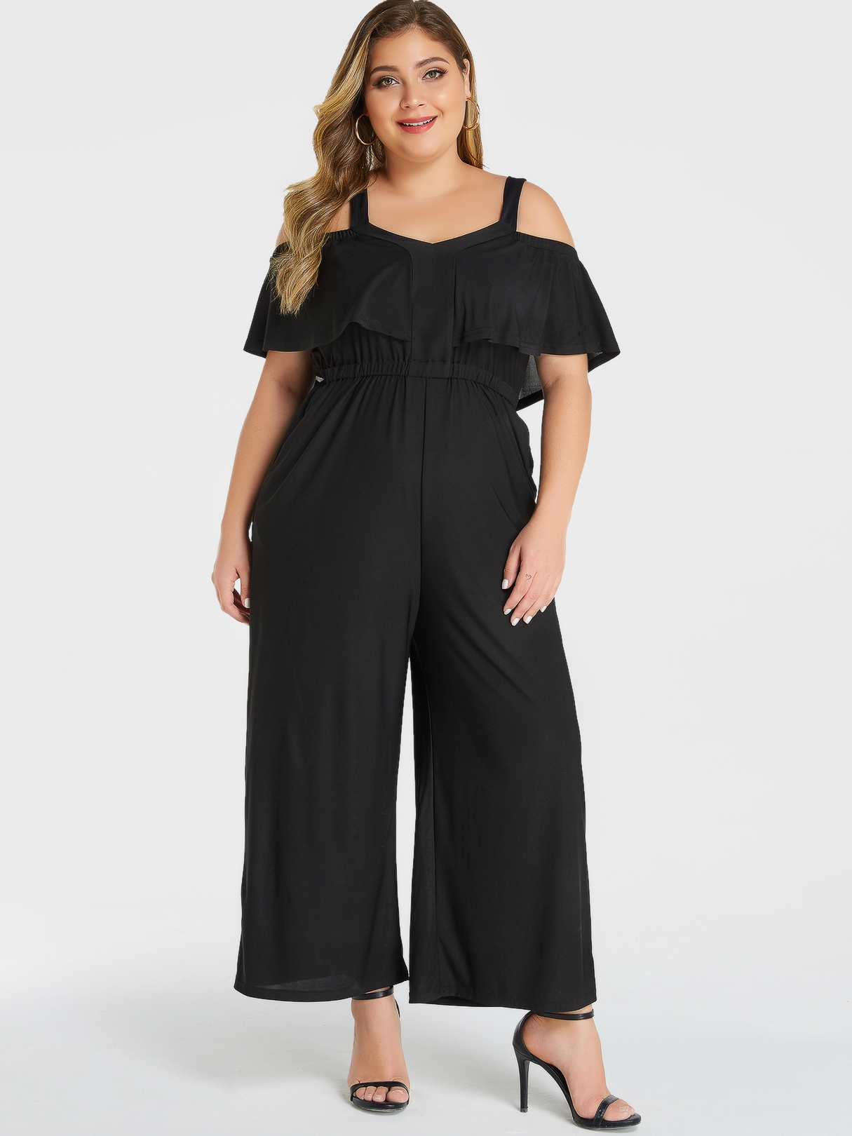 YOINS Plus Size Black Cold Shoulder Overlay Stretch Waistband Jumpsuit