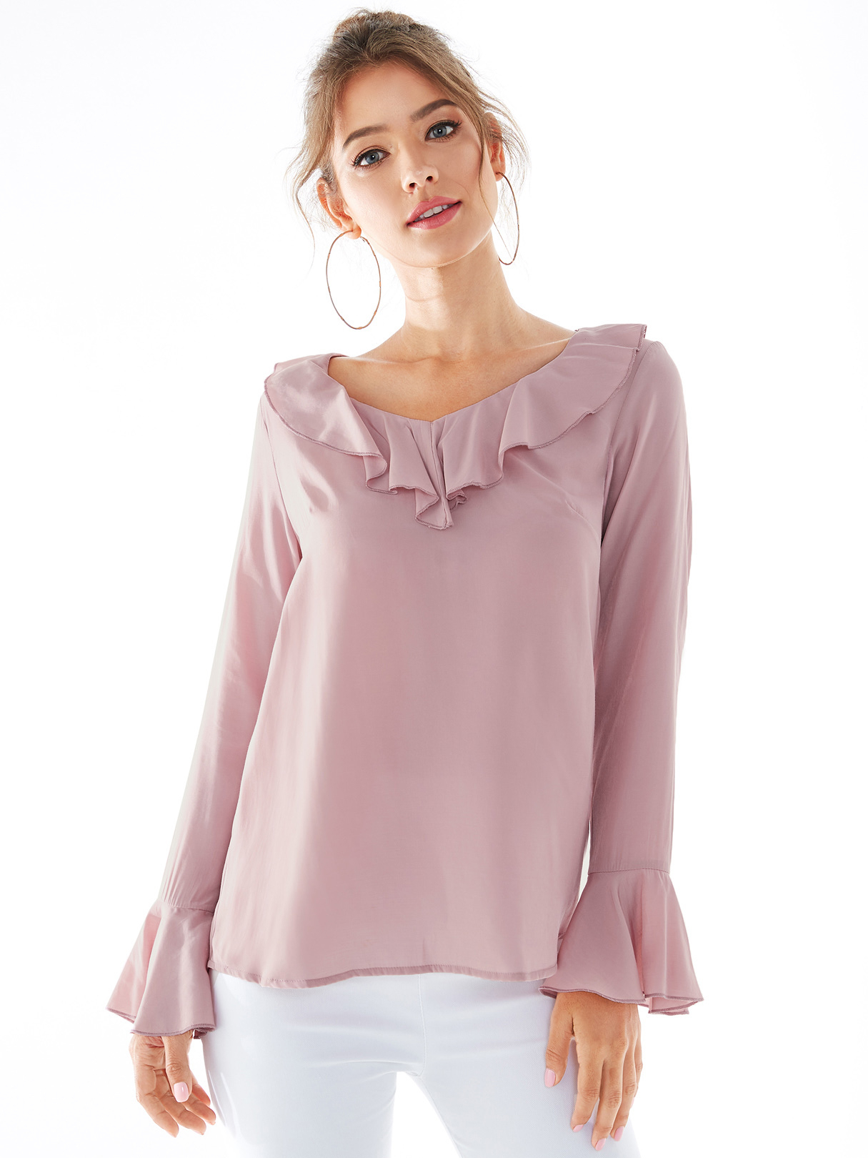 YOINS Pink Round Neck Ruffle Sleeves Long Sleeves Blouse