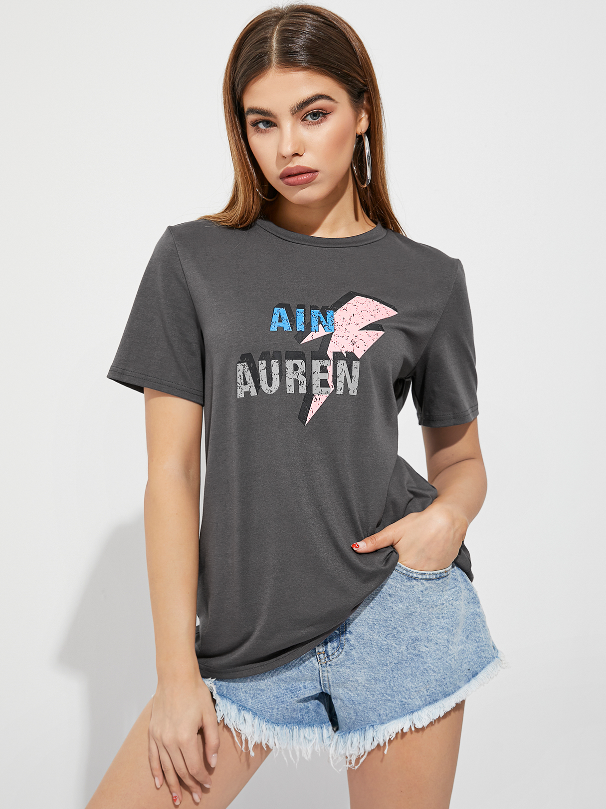 YOINS Grey Crew Neck Graphic Short Sleeves Tee