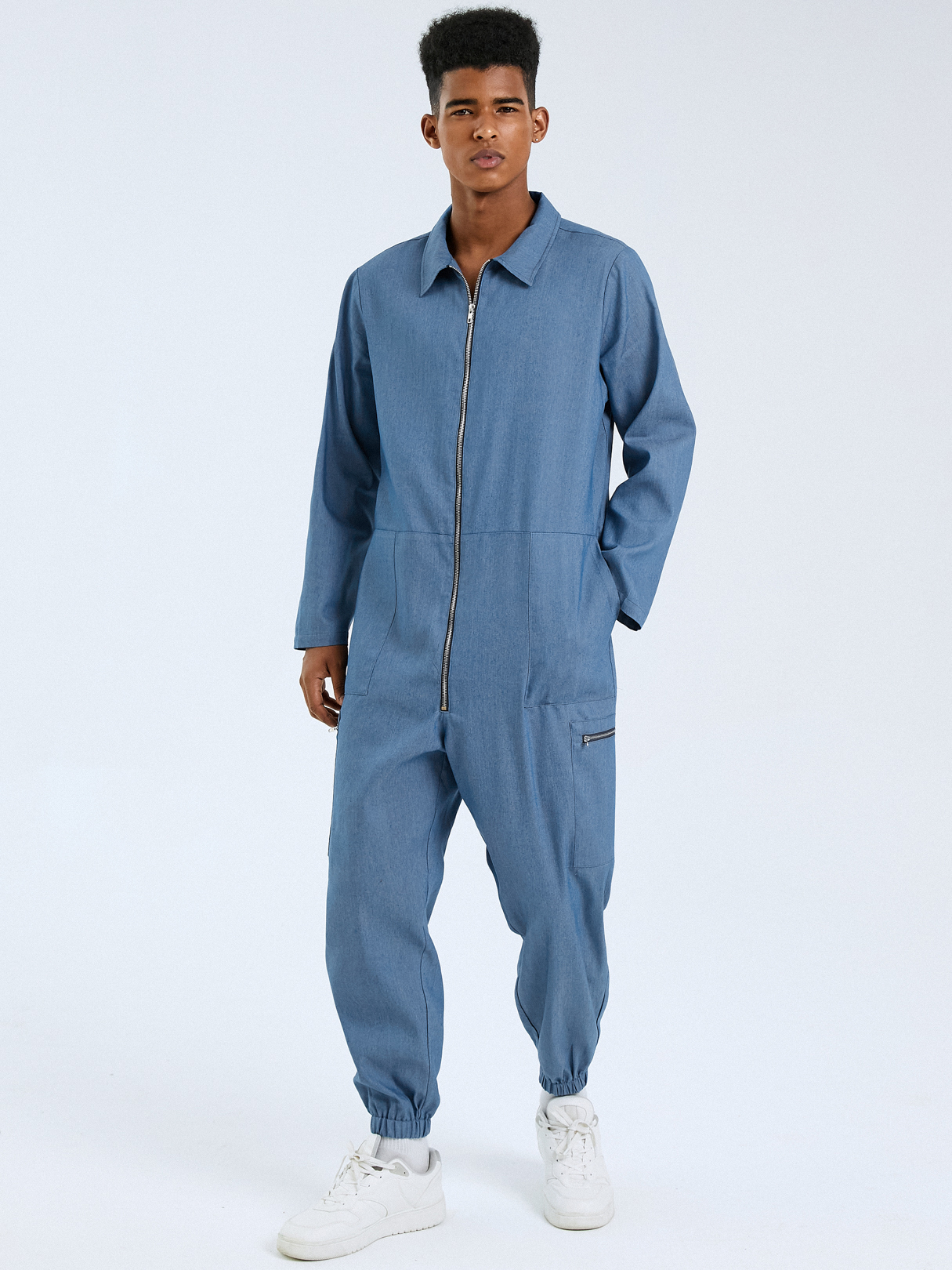 Men Fashion Classic Collar Zip Front Long Sleeve Overalls Jumpsuit