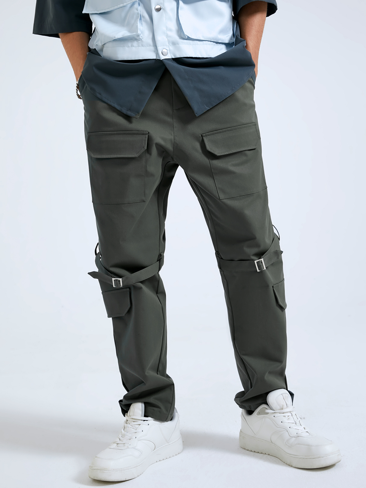 Men Plain Zip Front Flap Pockets Split Hem Casual Pants
