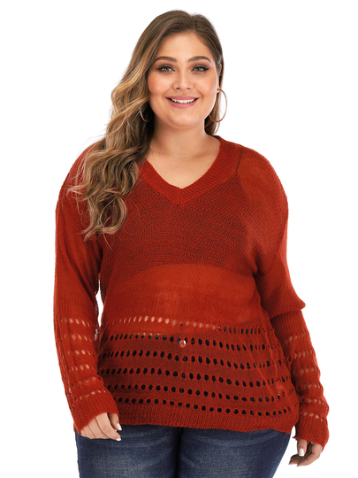 Plus Size V-neck Hollow Design Long Sleeves Sweater