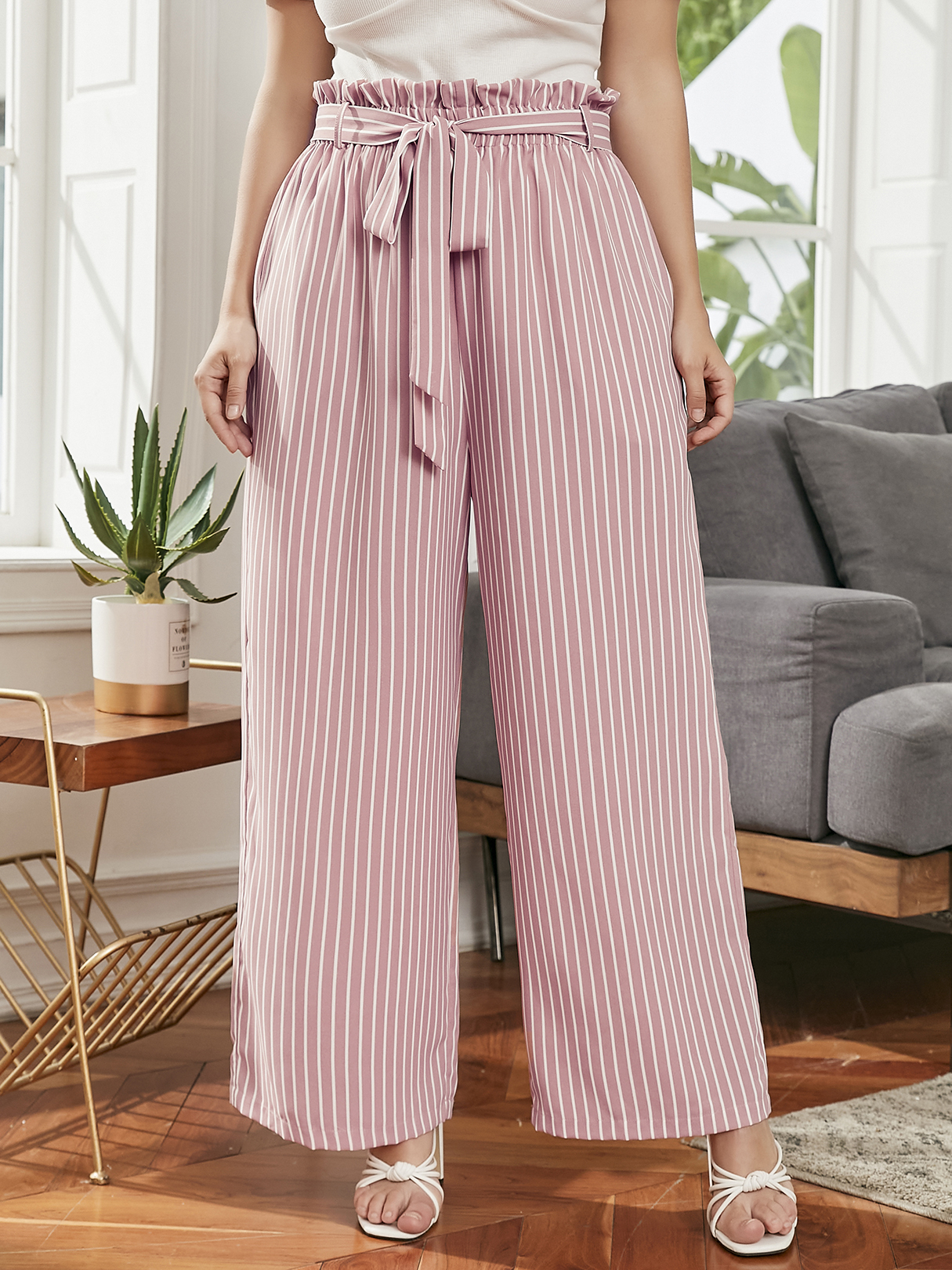 YOINS Plus Size Striped Belt Design Wide Leg Side Pocket Pants