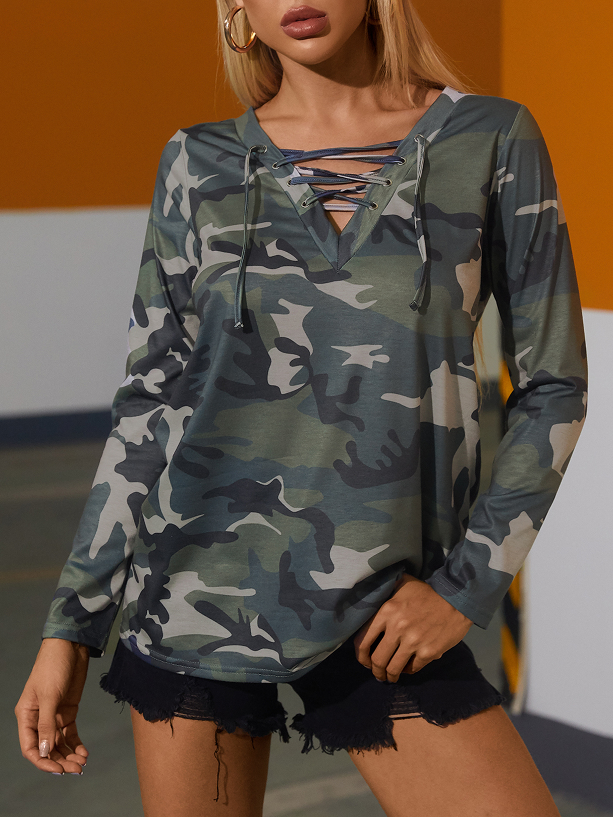 YOINS Camo Criss-cross Lace-up Deep V-neck Long Sleeves Tee