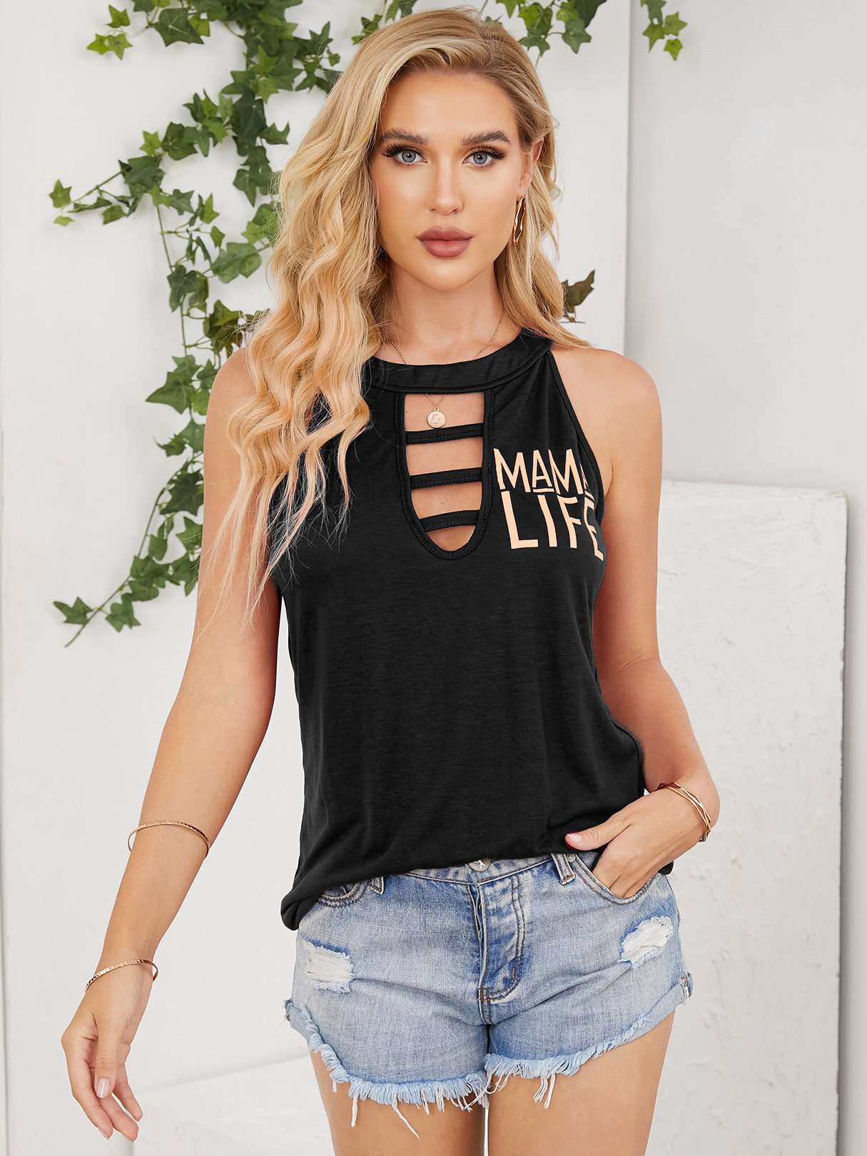 YOINS Cut Out Letter Print Halter Sleeveless Cami