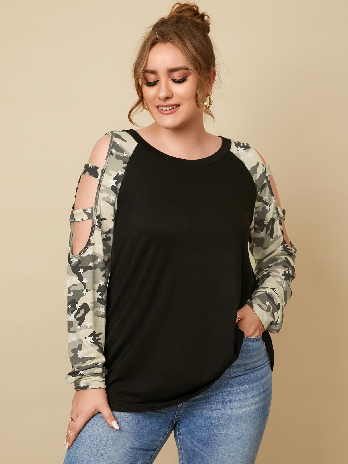 YOINS Plus Size Round Neck Camo Cut Out Knit Long Sleeves Tee