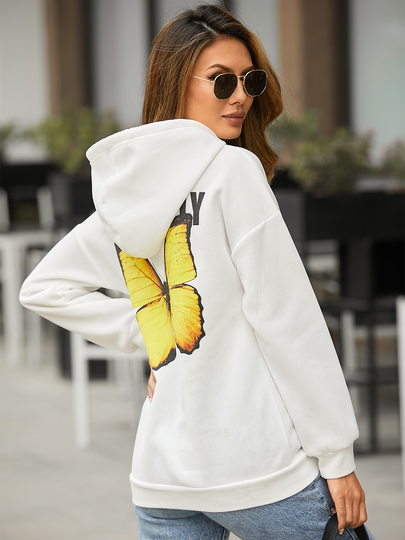 YOINS Butterfly Letter Pocket Drawstring Long Sleeves Hoodie