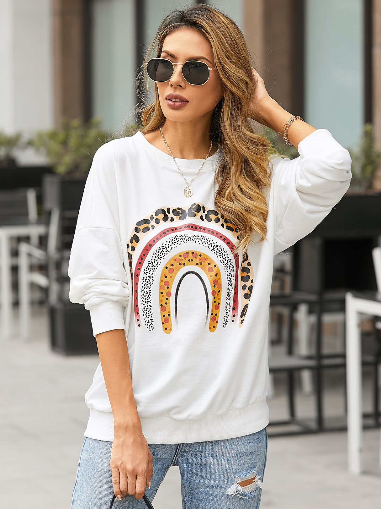 YOINS Rainbow Print Crew Neck Long Sleeves Sweatshirt