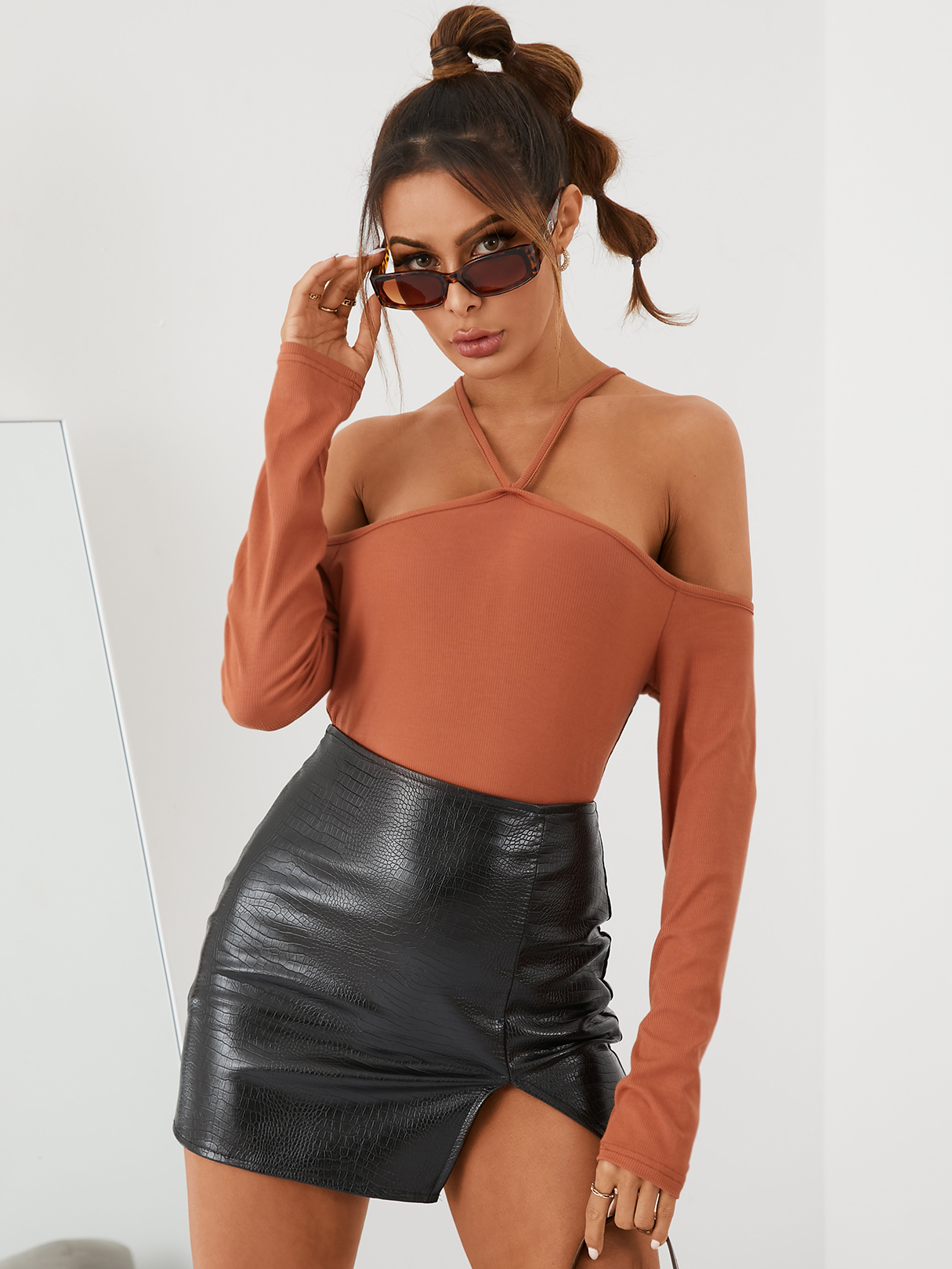 YOINS BASICS Women Sexy Halter Plain Long Sleeve Tee