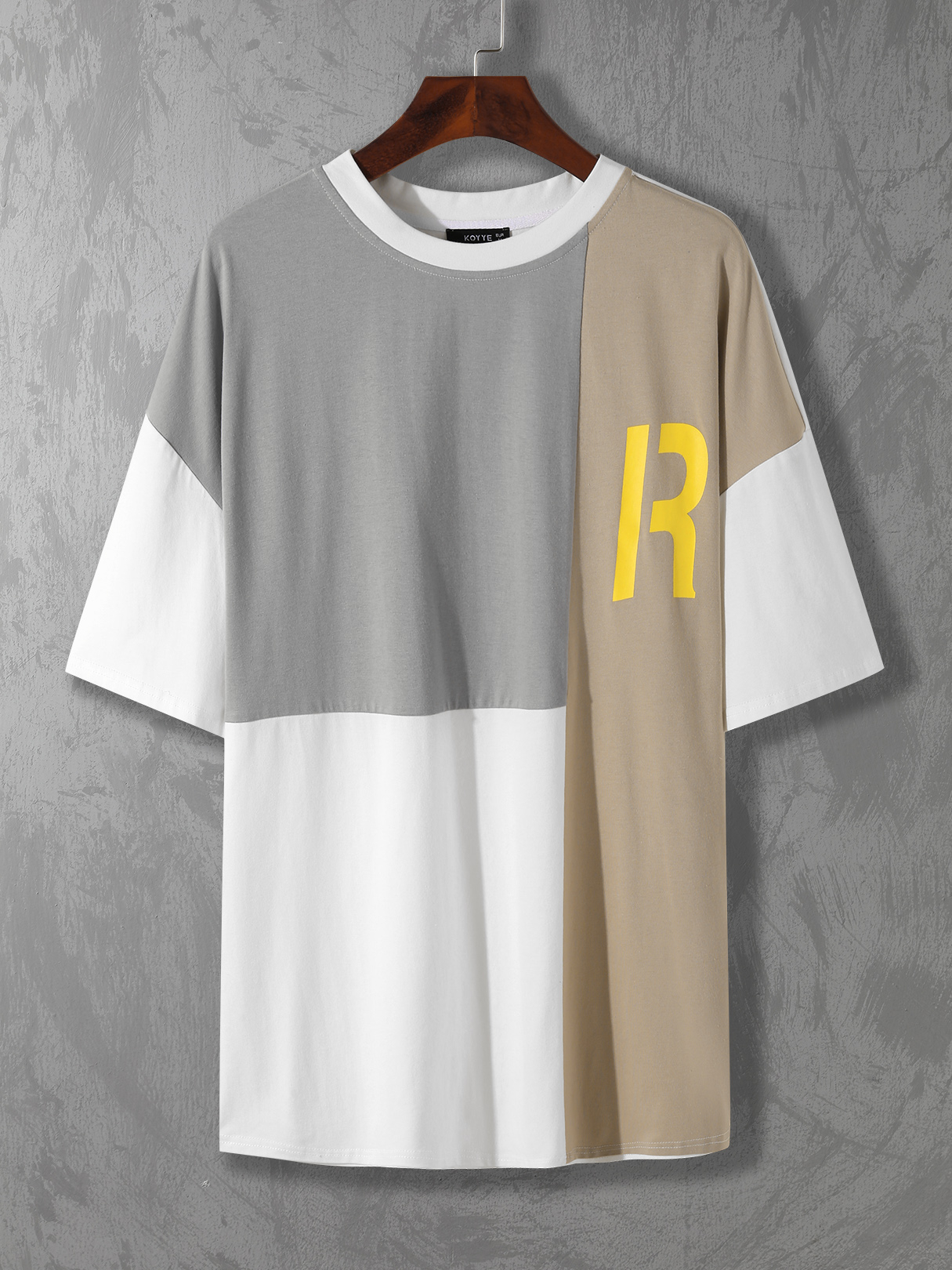 KOYYE Men Casual Patchwork Letter Color Block T-Shirt