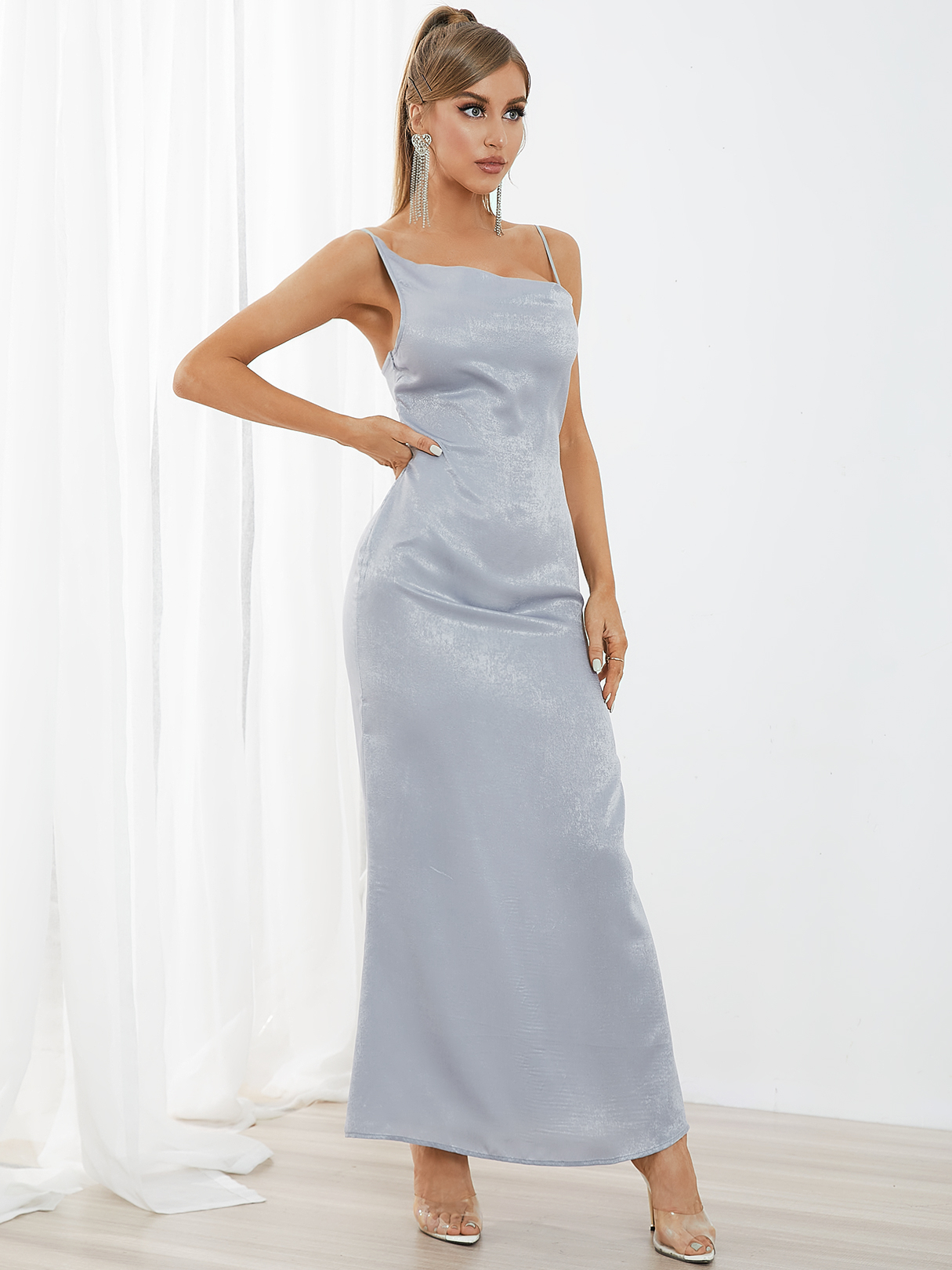 YOINS Grey Spaghetti Semi sheer Sleeveless Maxi Dress