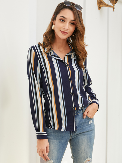 YOINS Button Front Striped Classic Collar Blouse