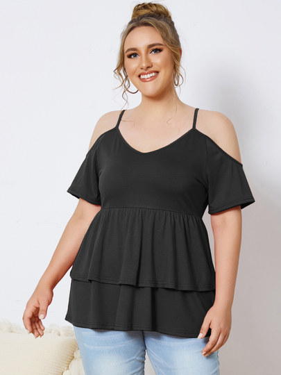 YOINS Plus Size Cold Shoulder Double Layer Design Short Sleeves Tee