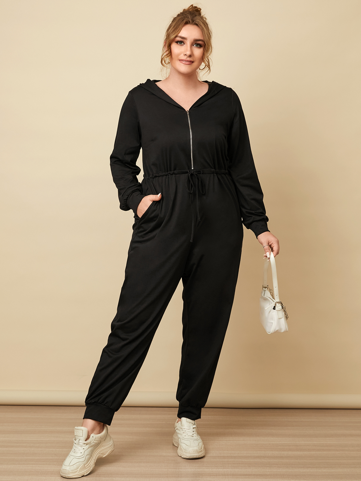 YOINS Plus Size Drawstring Pocket Hooded Design Zip Front Jumpsuit