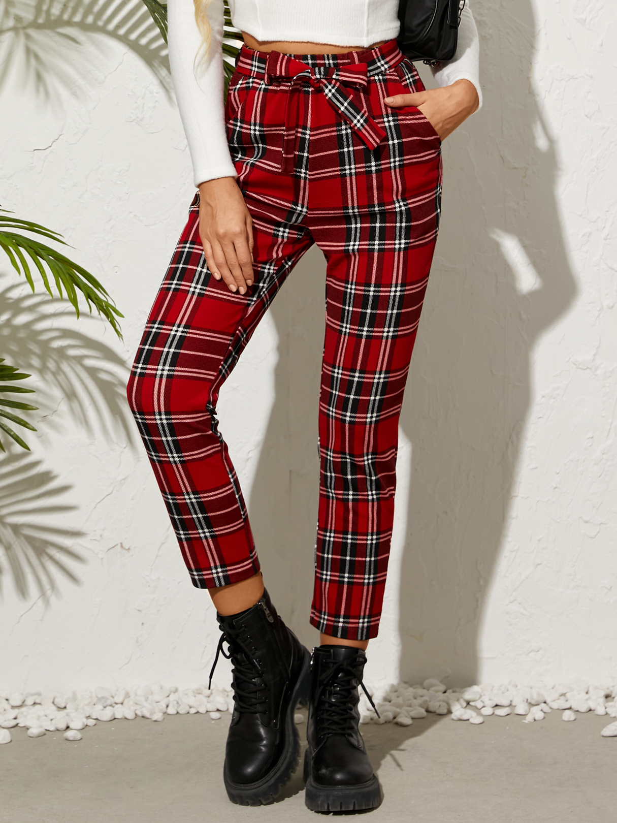 YOINS Red Plaid Belt Design Side Pocket Pants