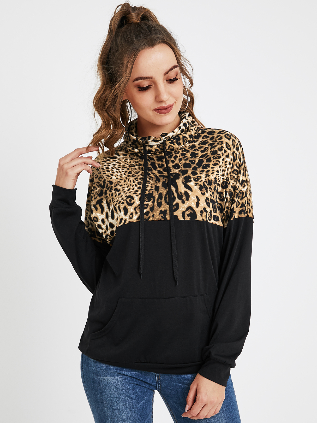 YOINS Black Elastic Strap Leopard Turtleneck Long Sleeves Sweatshirt