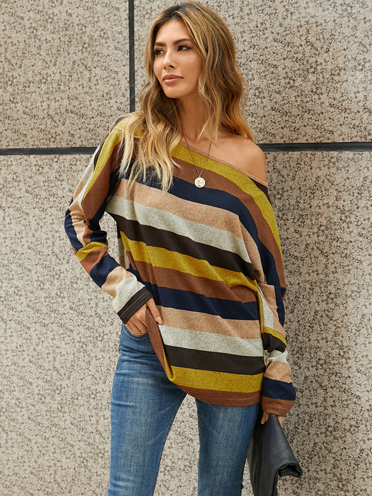 YOINS Orange Striped One Shoulder Long Sleeves Tee
