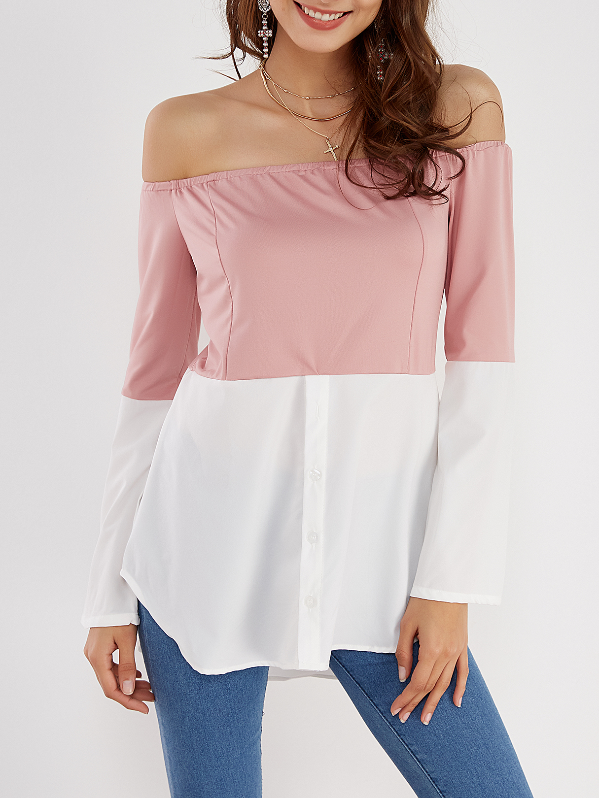 Pink & White Off Shoulder Long Sleeves T-shirt