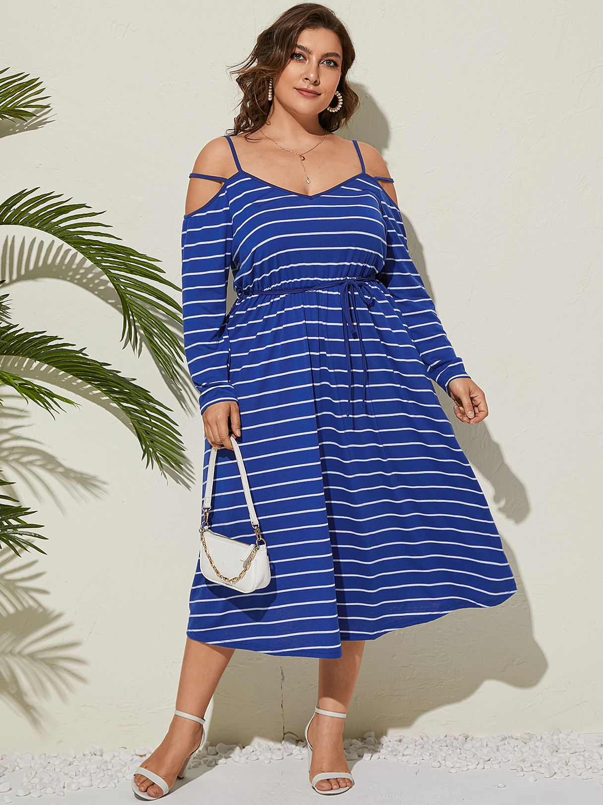 YOINS Plus Size Spaghetti Striped Backless Design Long Sleeves Dress