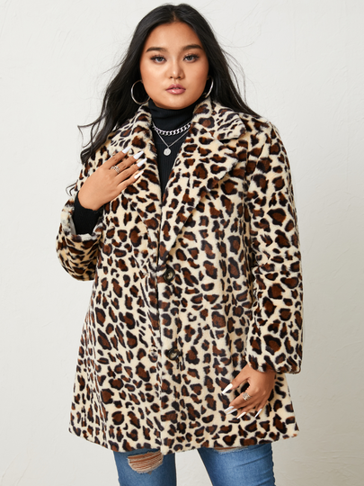 YOINS Plus Size Lapel Collar Leopard Long Sleeves Coat