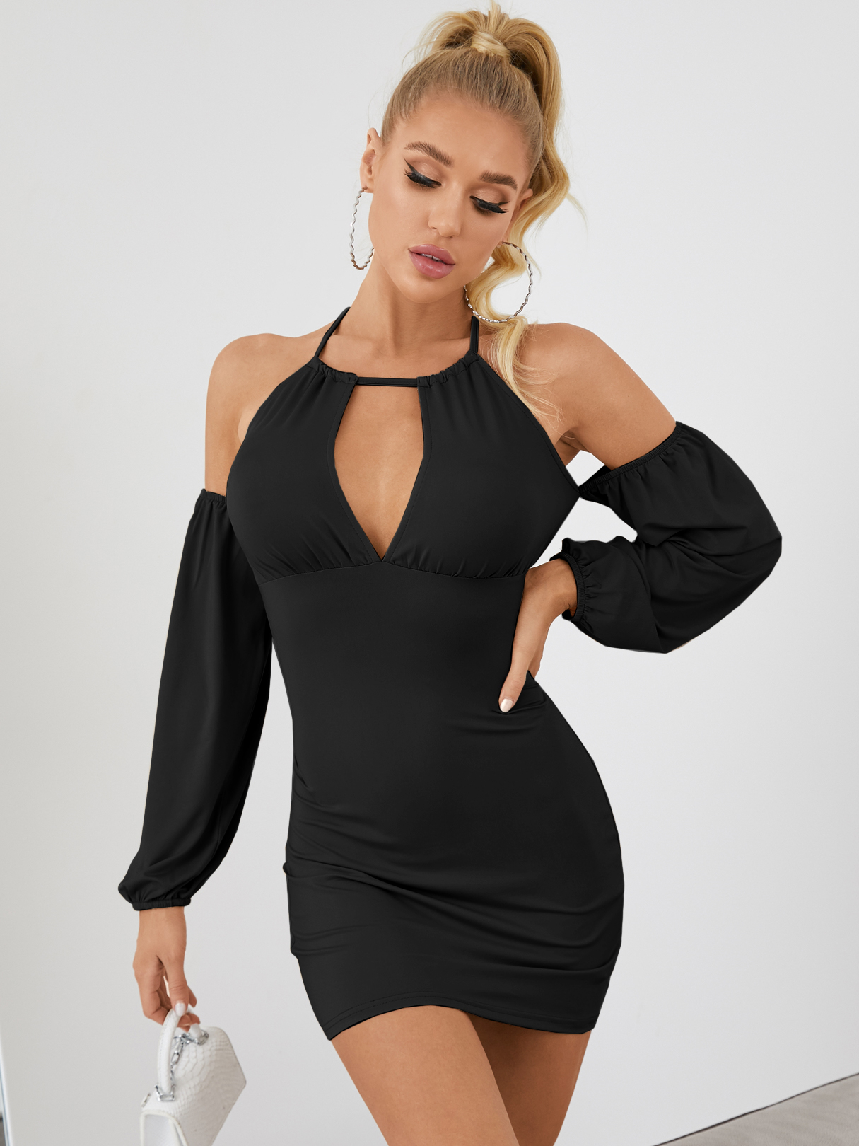 YOINS Halter Cut out Tie-up design Long sleeves Mini Dress